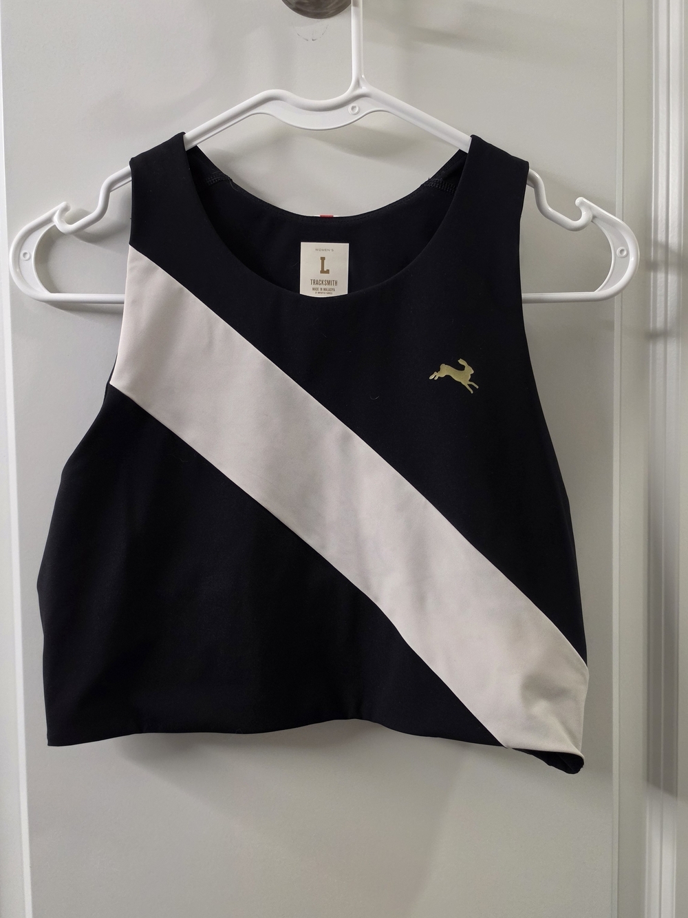 Tracksmith Black Crop Top with Diagonal White Stripe